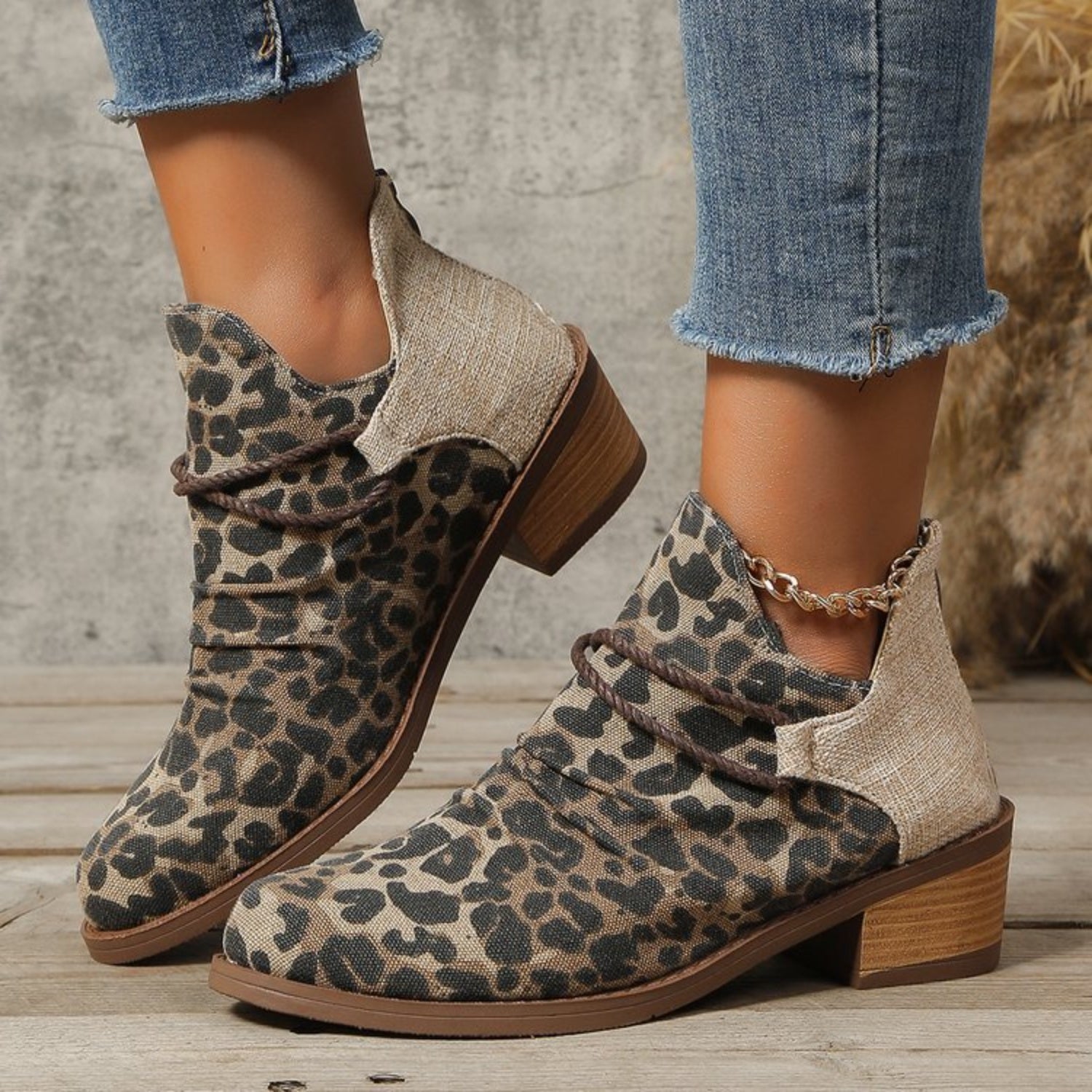 Contrast Canvas Low Heel Boots