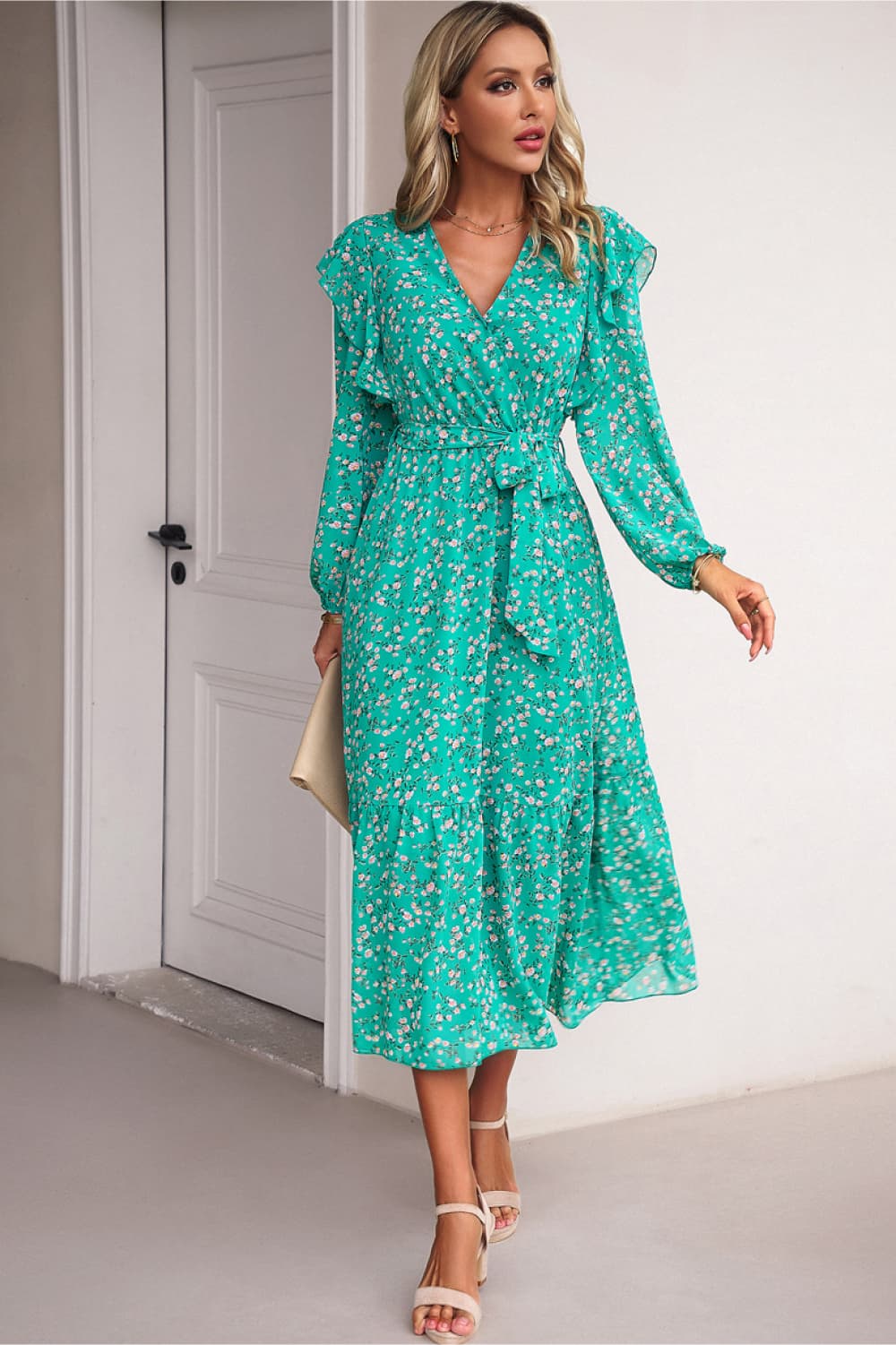 Surplice Neck Balloon Sleeve Midi Dress