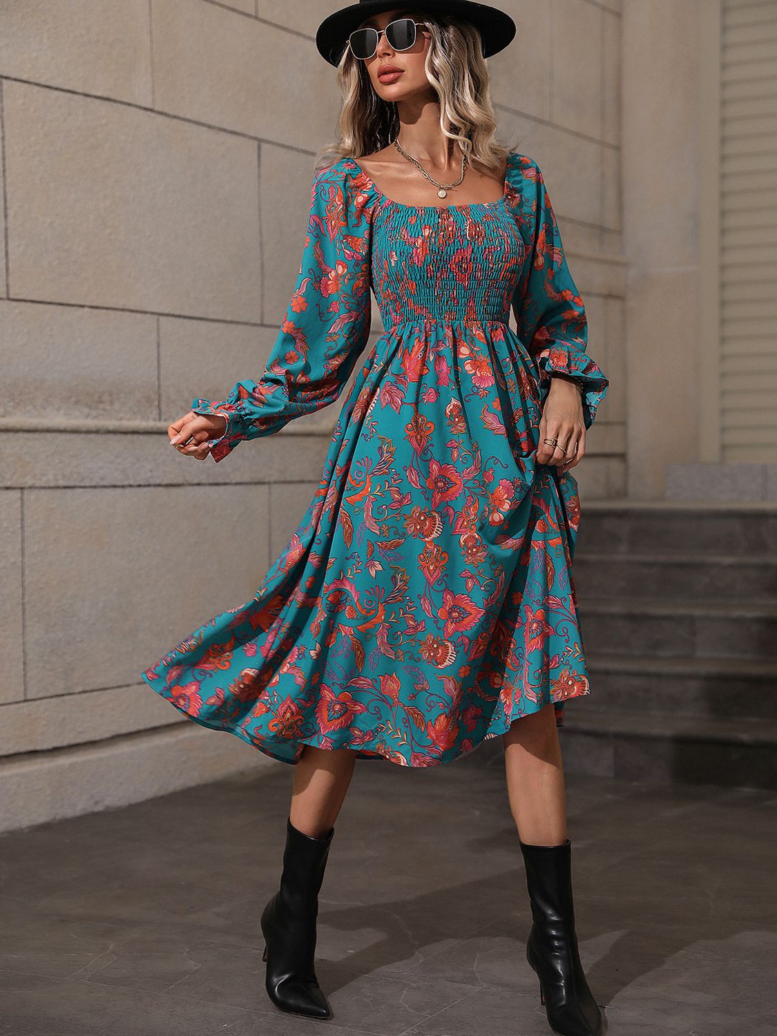 Printed Square Neck Flounce Sleeve Dress