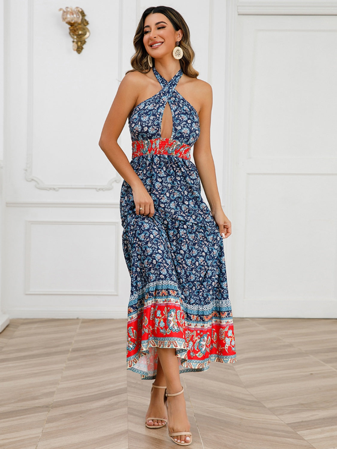 Smocked Printed Halter Neck Dress