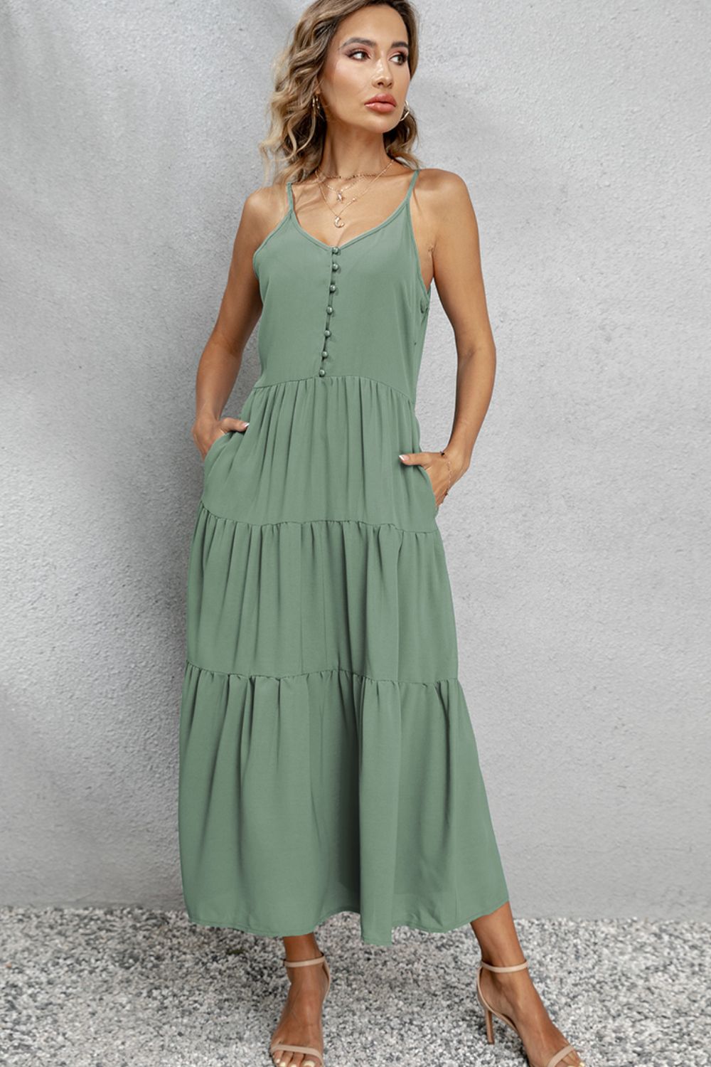 V-Neck Sleeveless Spaghetti Straps Midi Dress