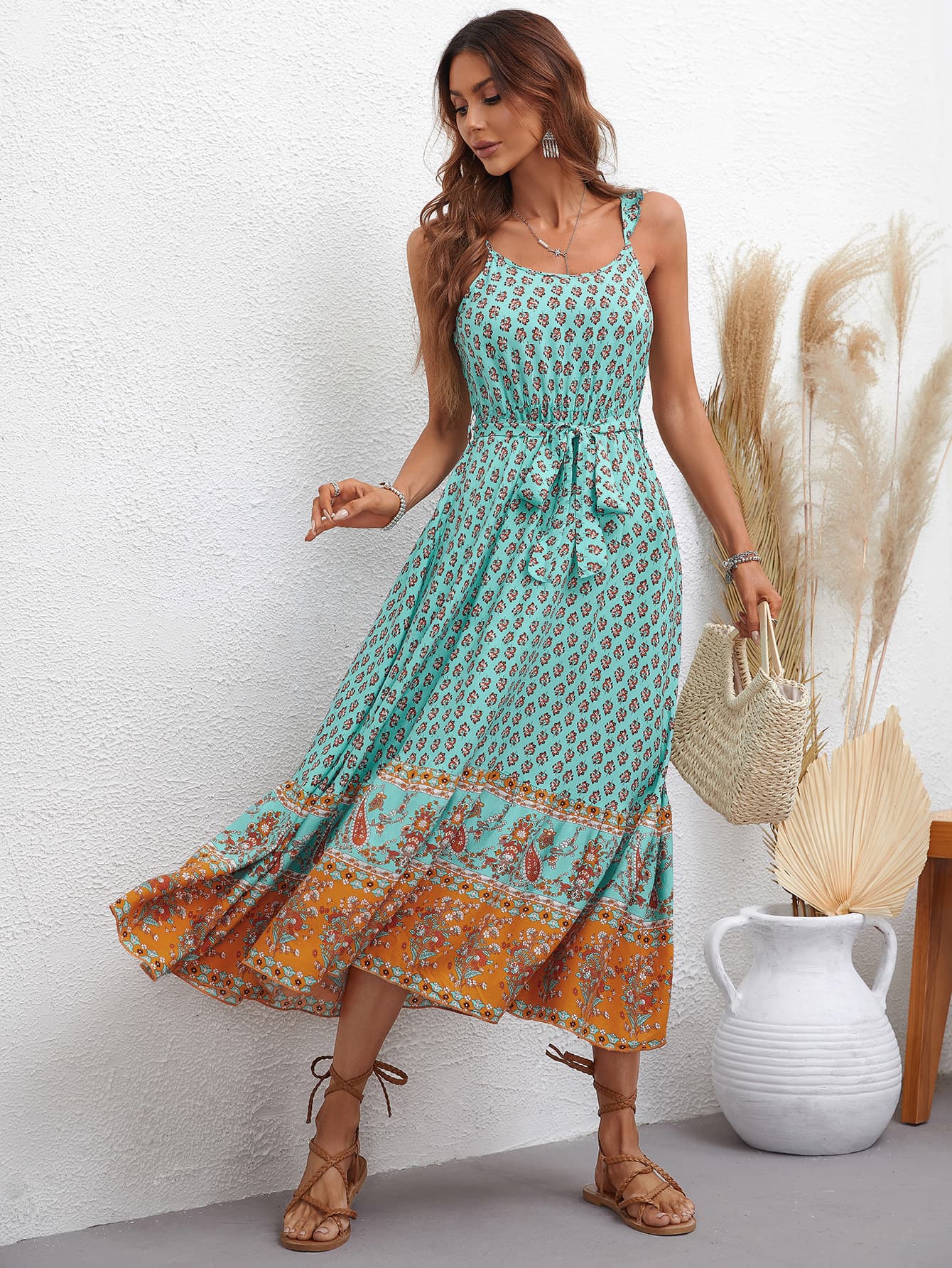 Bohemian Tie Waist Scoop Neck Dress