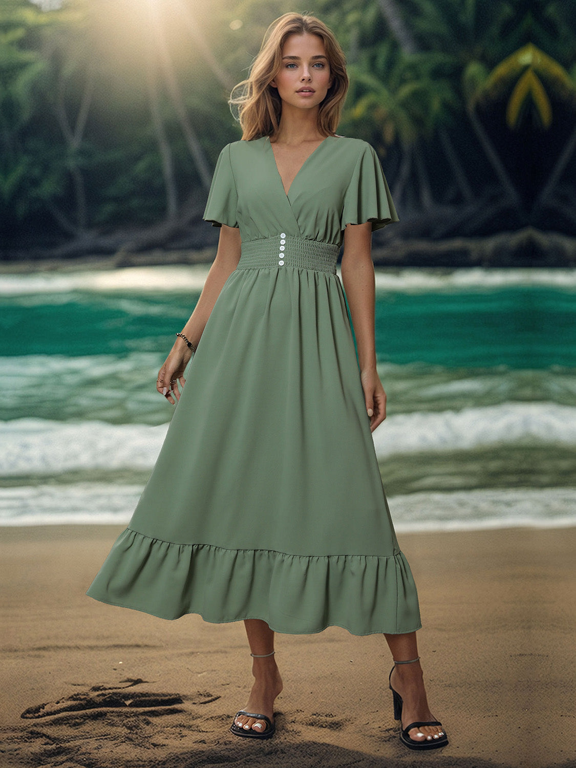 Surplice Flutter Sleeve Midi Dress