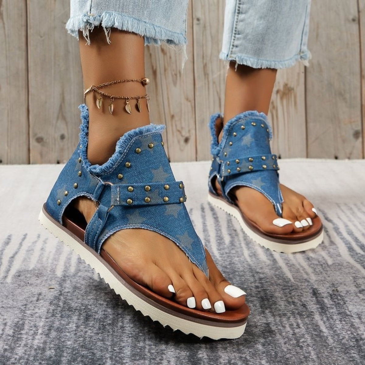 Studded Raw Hem Flat Sandals