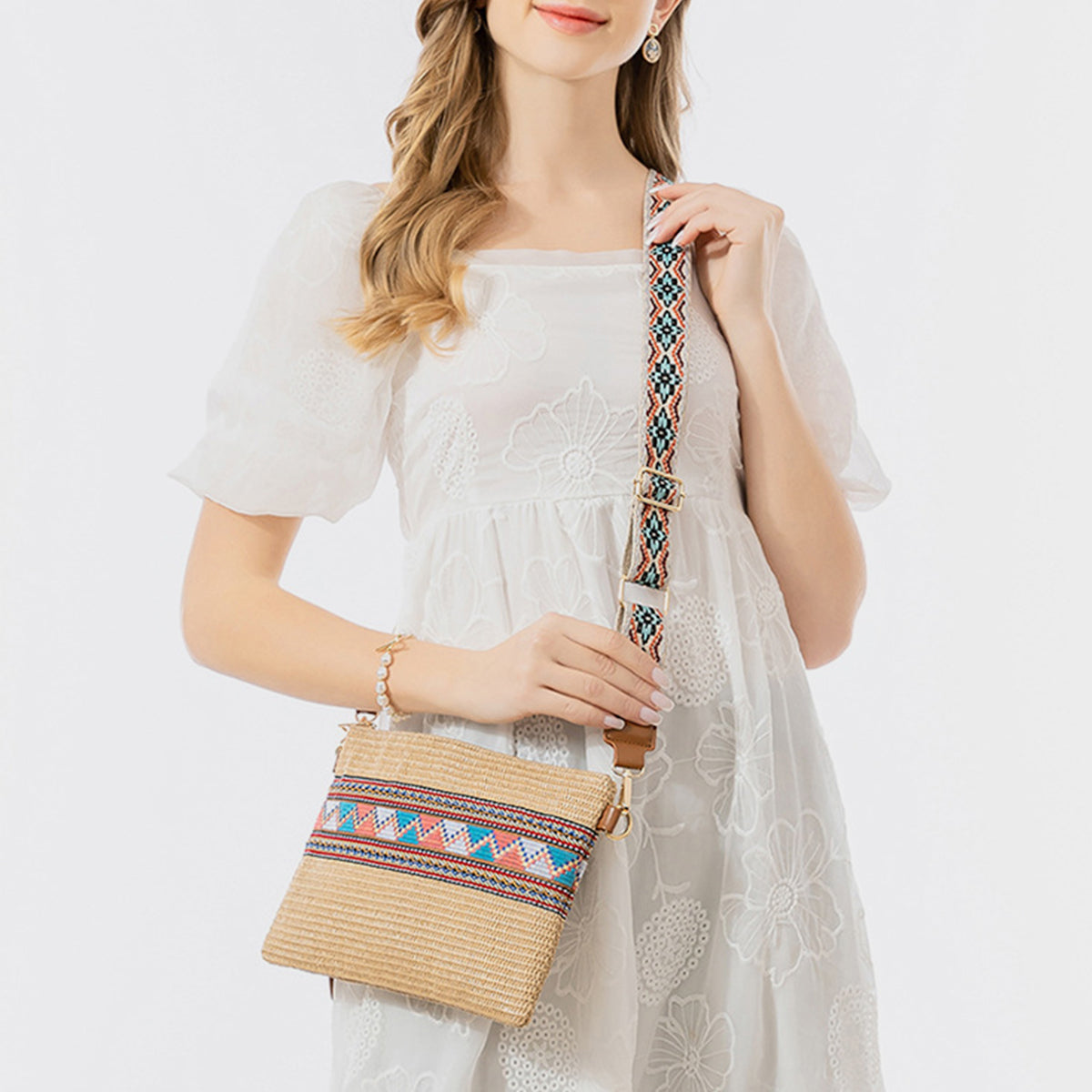 Geometric Straw Weave Crossbody Bag