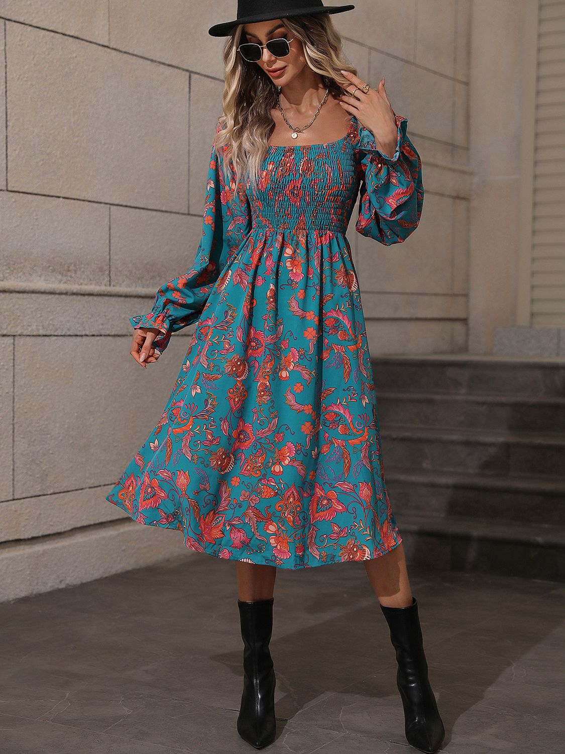 Printed Square Neck Flounce Sleeve Dress